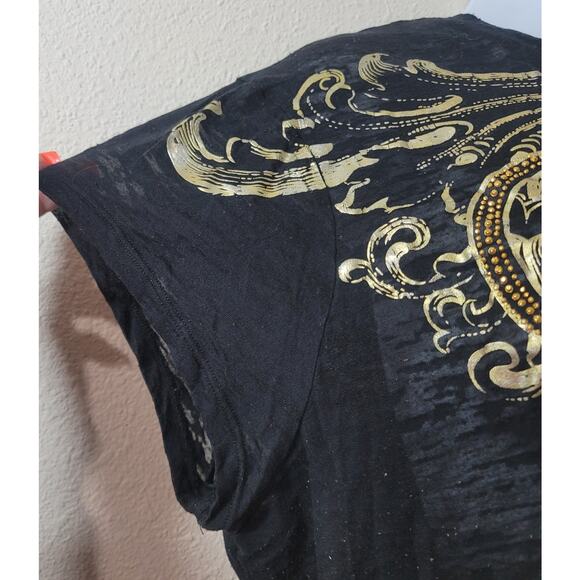 Fabulosity Black Gold Metal Studded Bodice Burnout Material Top 2X Lightweight - Picture 7 of 7